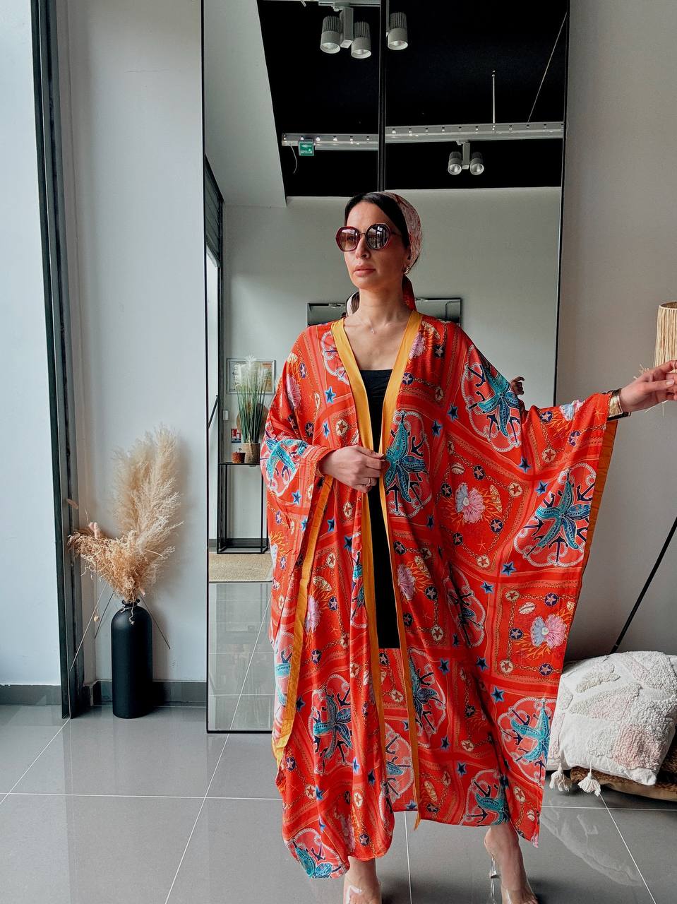 Kimono long imprimé rouge – Style bohème fluide oversize - Fenomen Paris