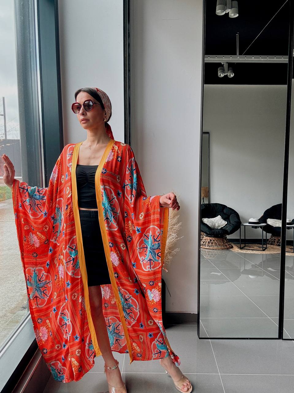 Kimono long imprimé rouge – Style bohème fluide oversize - Fenomen Paris
