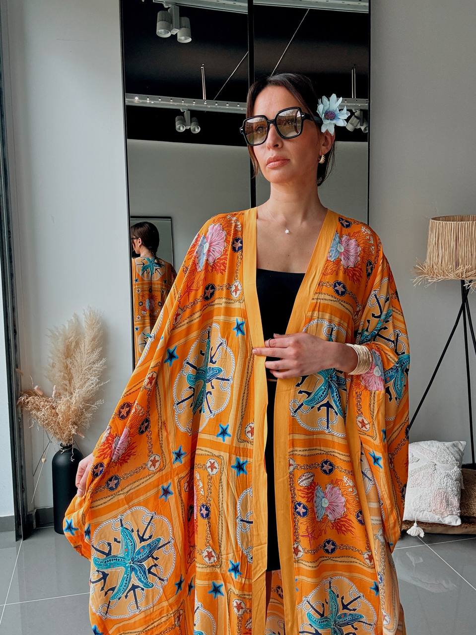 Kimono long imprimé orange – Coupe fluide oversize - Fenomen Paris