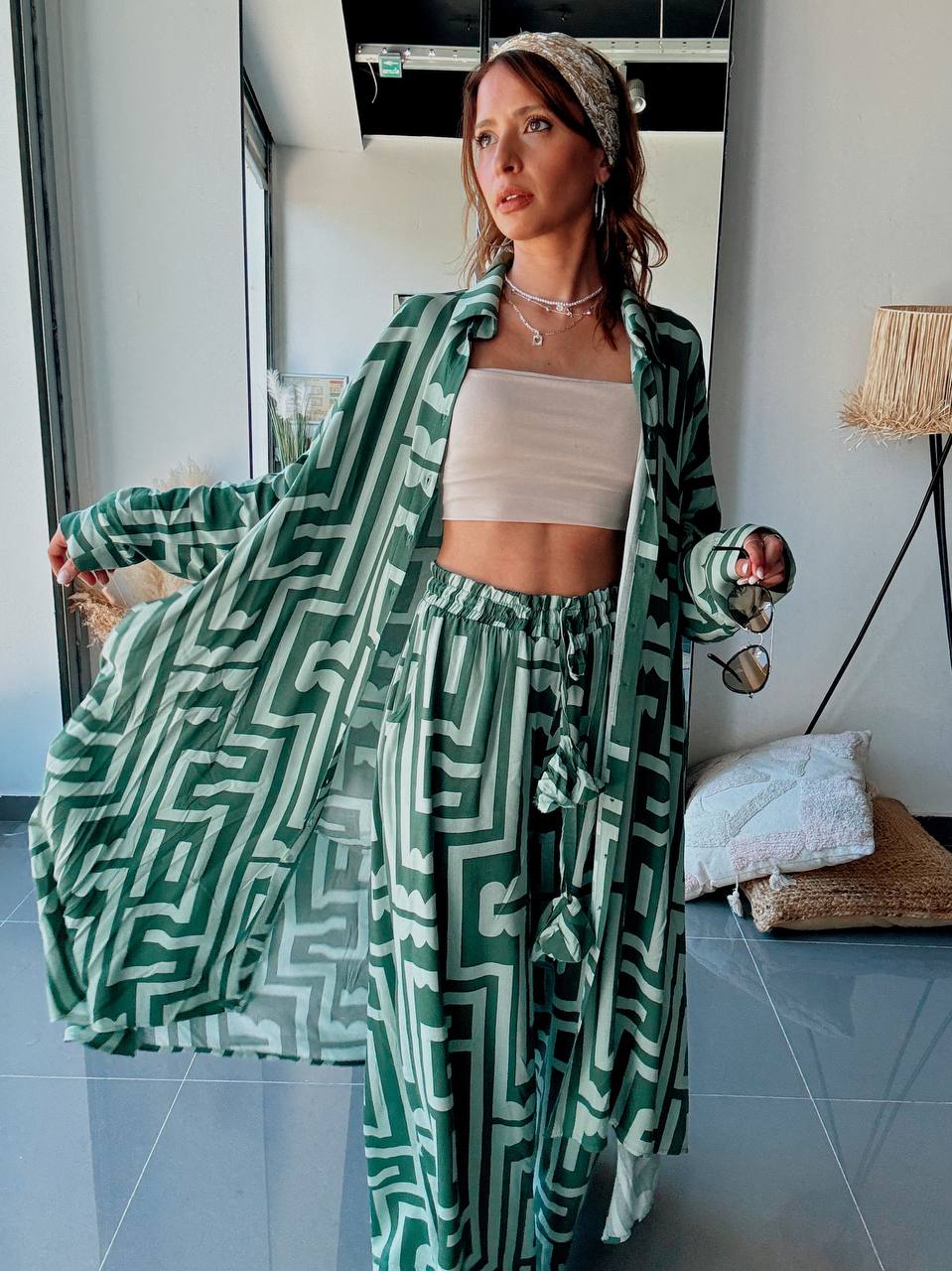 Ensemble Chemise Longue & Pantalon Imprimé – Style Graphique Contemporain-VERT - Fenomen Paris