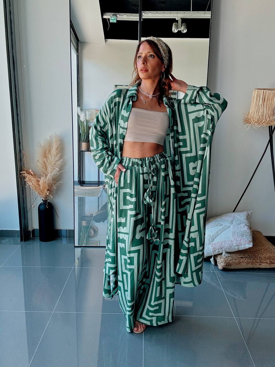 Ensemble Chemise Longue & Pantalon Imprimé – Style Graphique Contemporain-VERT - Fenomen Paris