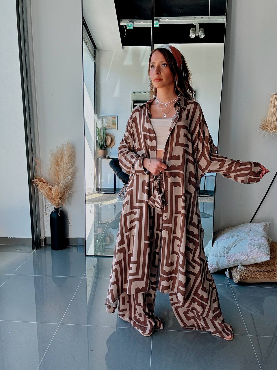 Ensemble Chemise Longue & Pantalon Imprimé – Style Graphique Contemporain-Marron - Fenomen Paris