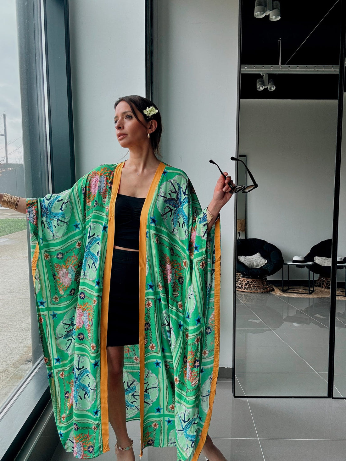 Kimono long imprimé vert – Coupe fluide oversize - Fenomen Paris
