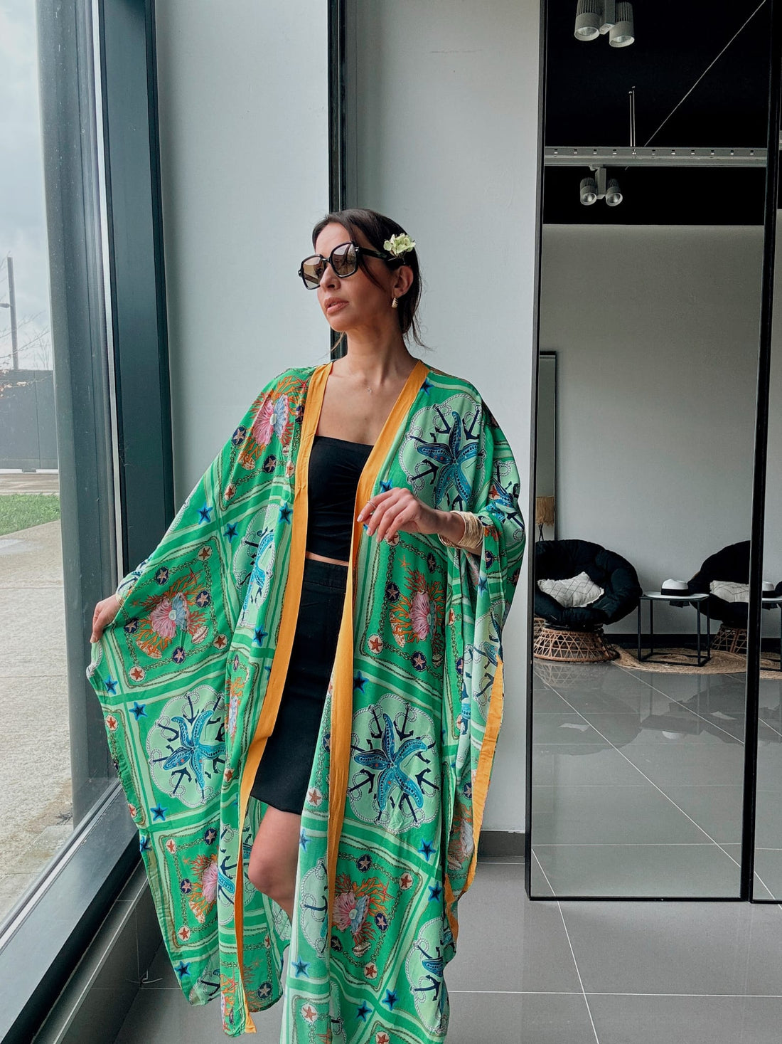 Kimono long imprimé vert – Coupe fluide oversize - Fenomen Paris