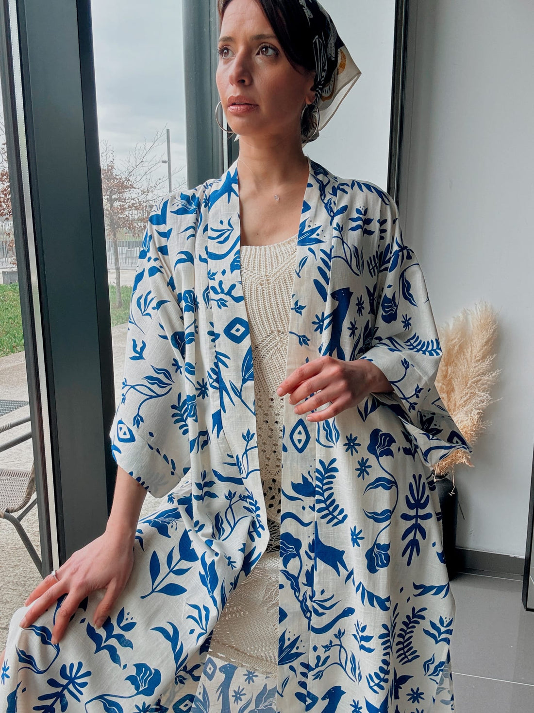 Kimono long imprimé bleu – Style bohème chic Bleu - Fenomen Paris