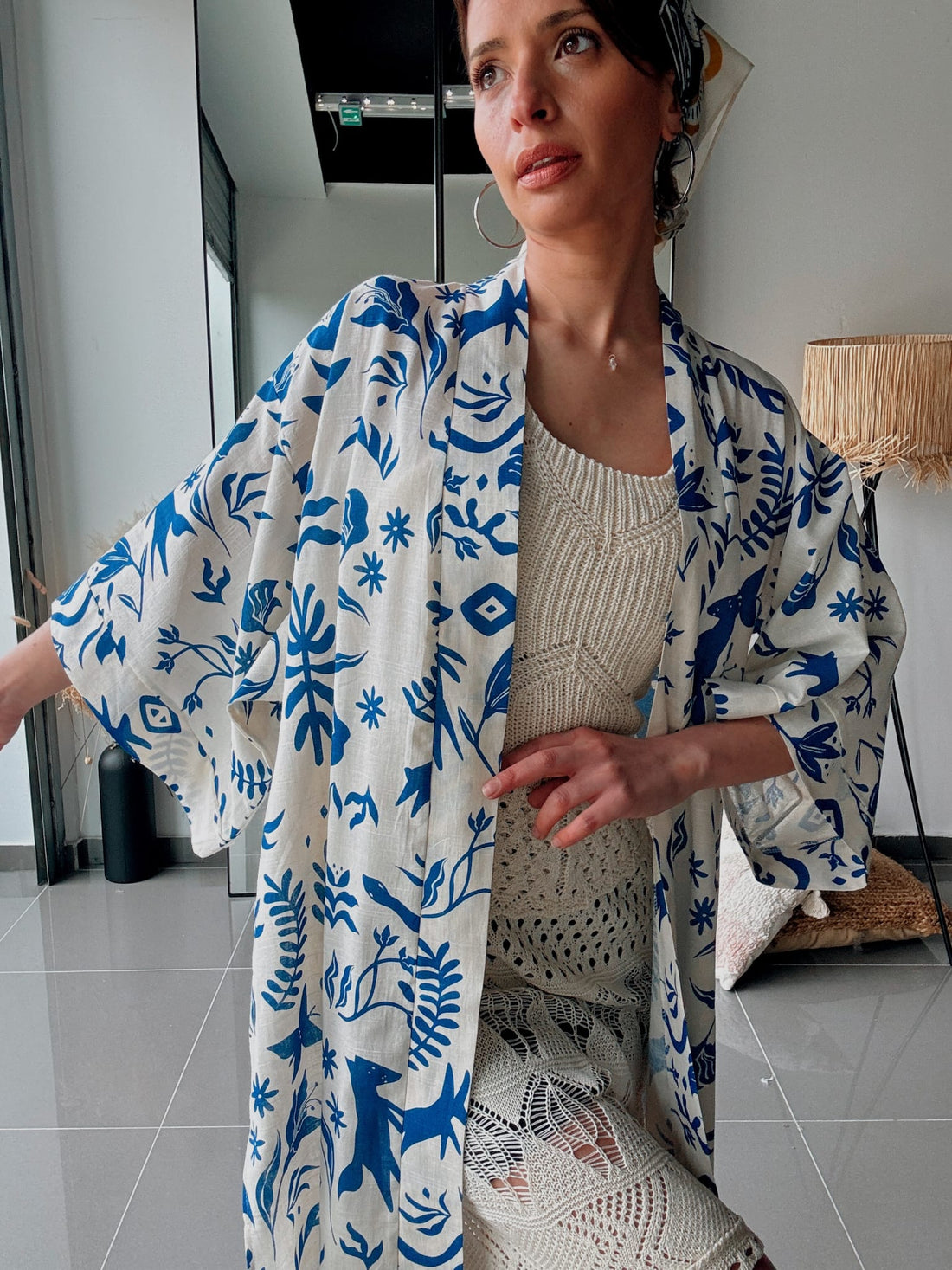 Kimono long imprimé bleu – Style bohème chic Bleu - Fenomen Paris