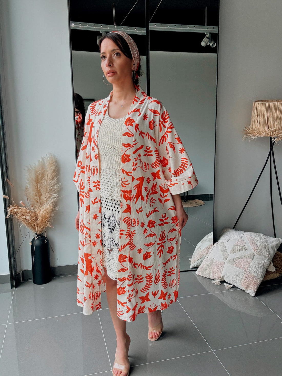Kimono long imprimé orange – Style bohème - Fenomen Paris