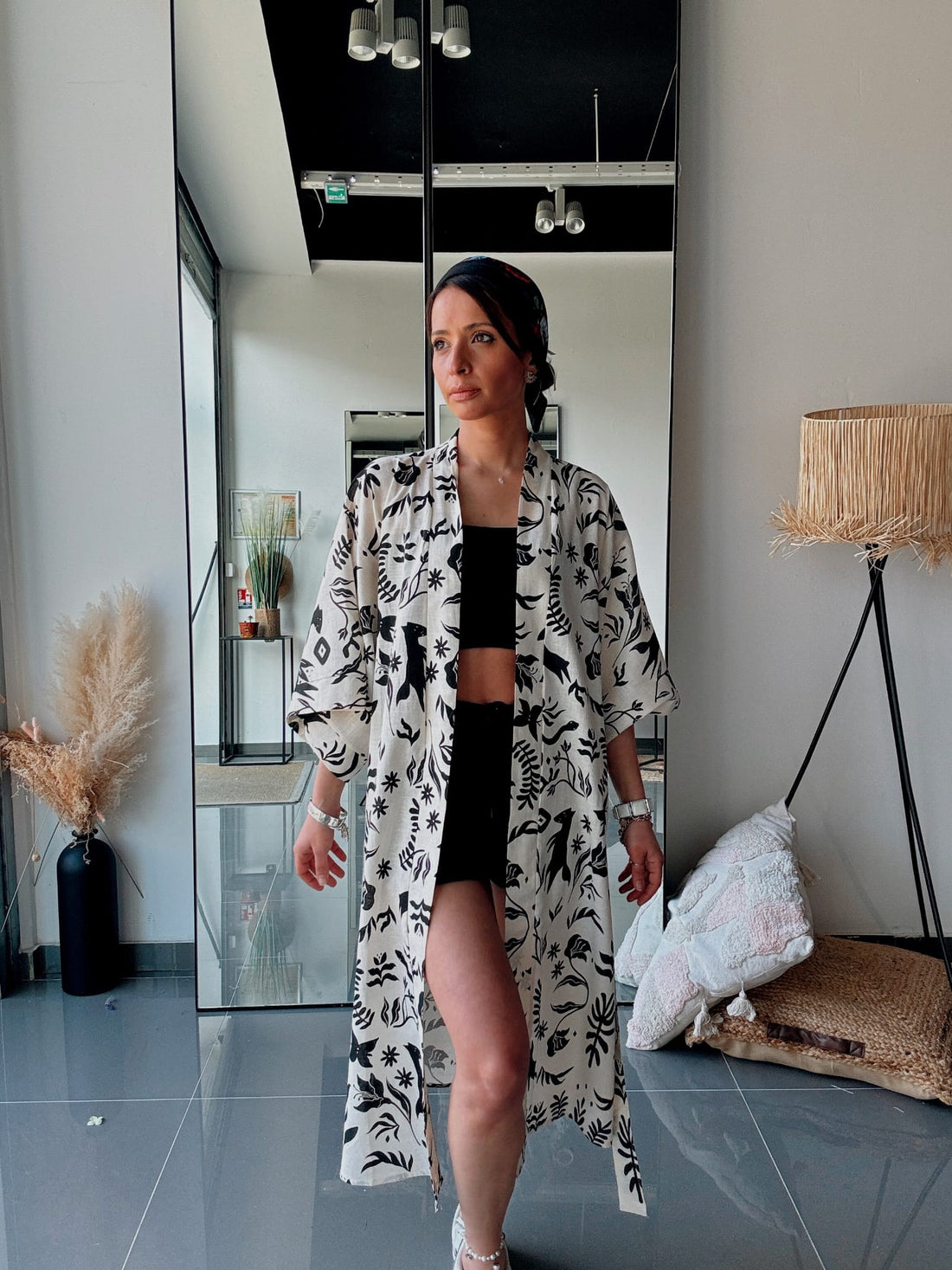 Kimono long imprimé noir & écru – Élégance bohème - Fenomen Paris