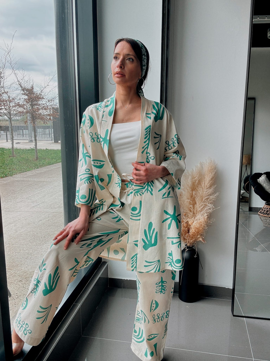 Ensemble kimono & pantalon imprimé vert – Confort & style naturel - Fenomen Paris