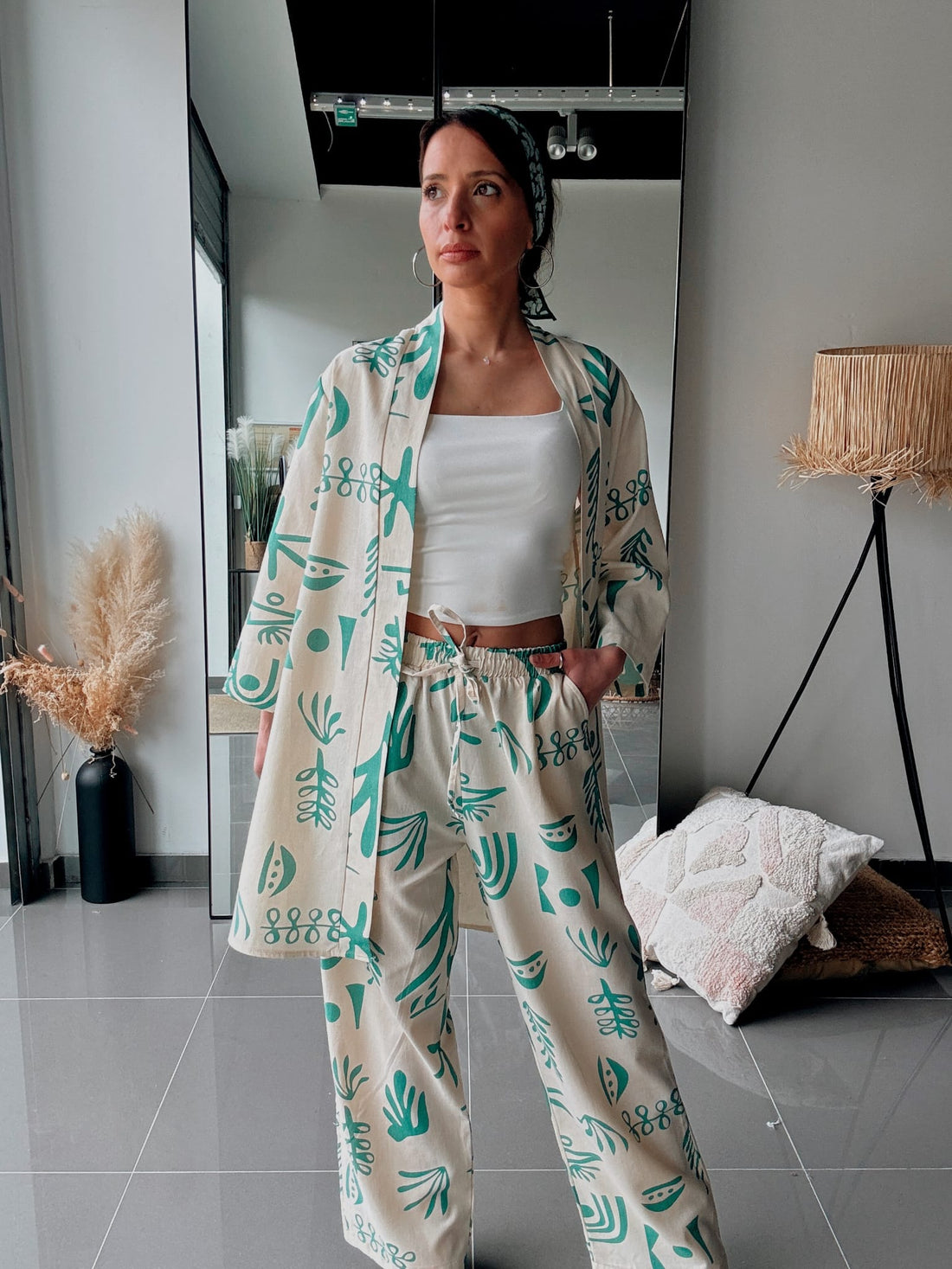 Ensemble kimono & pantalon imprimé vert – Confort & style naturel - Fenomen Paris