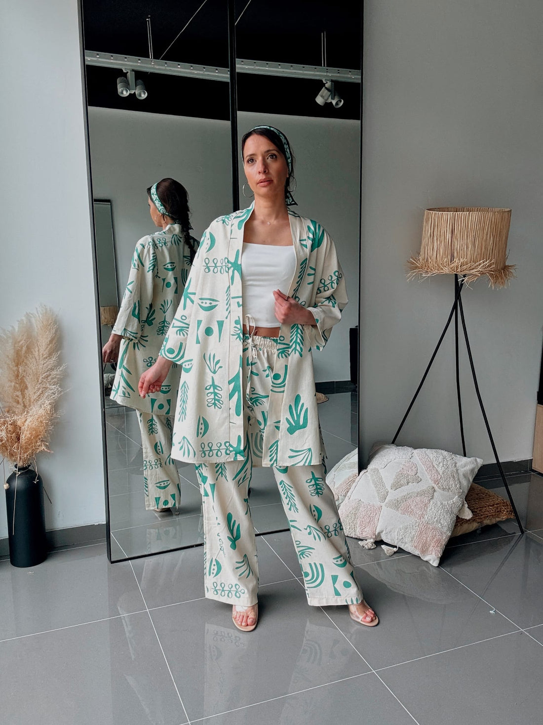 Ensemble kimono & pantalon imprimé vert – Confort & style naturel - Fenomen Paris