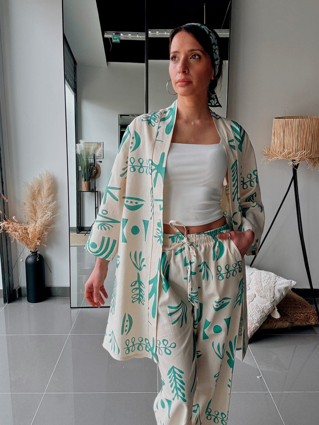 Ensemble kimono & pantalon imprimé vert – Confort & style naturel - Fenomen Paris