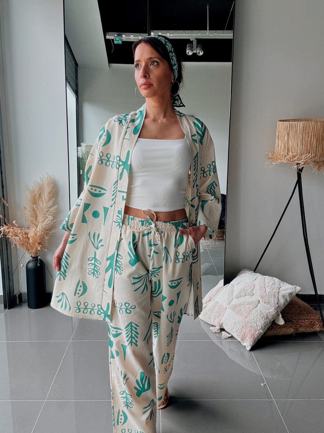 Ensemble kimono & pantalon imprimé vert – Confort & style naturel - Fenomen Paris