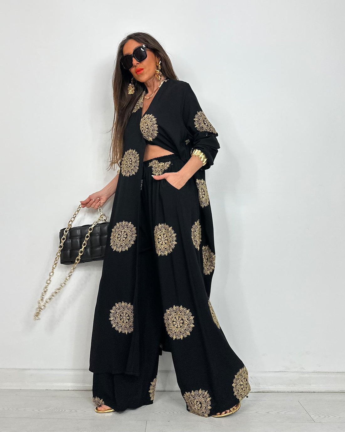 Ensemble chemise longue & pantalon fluide – Noir imprimé doré - Fenomen Paris
