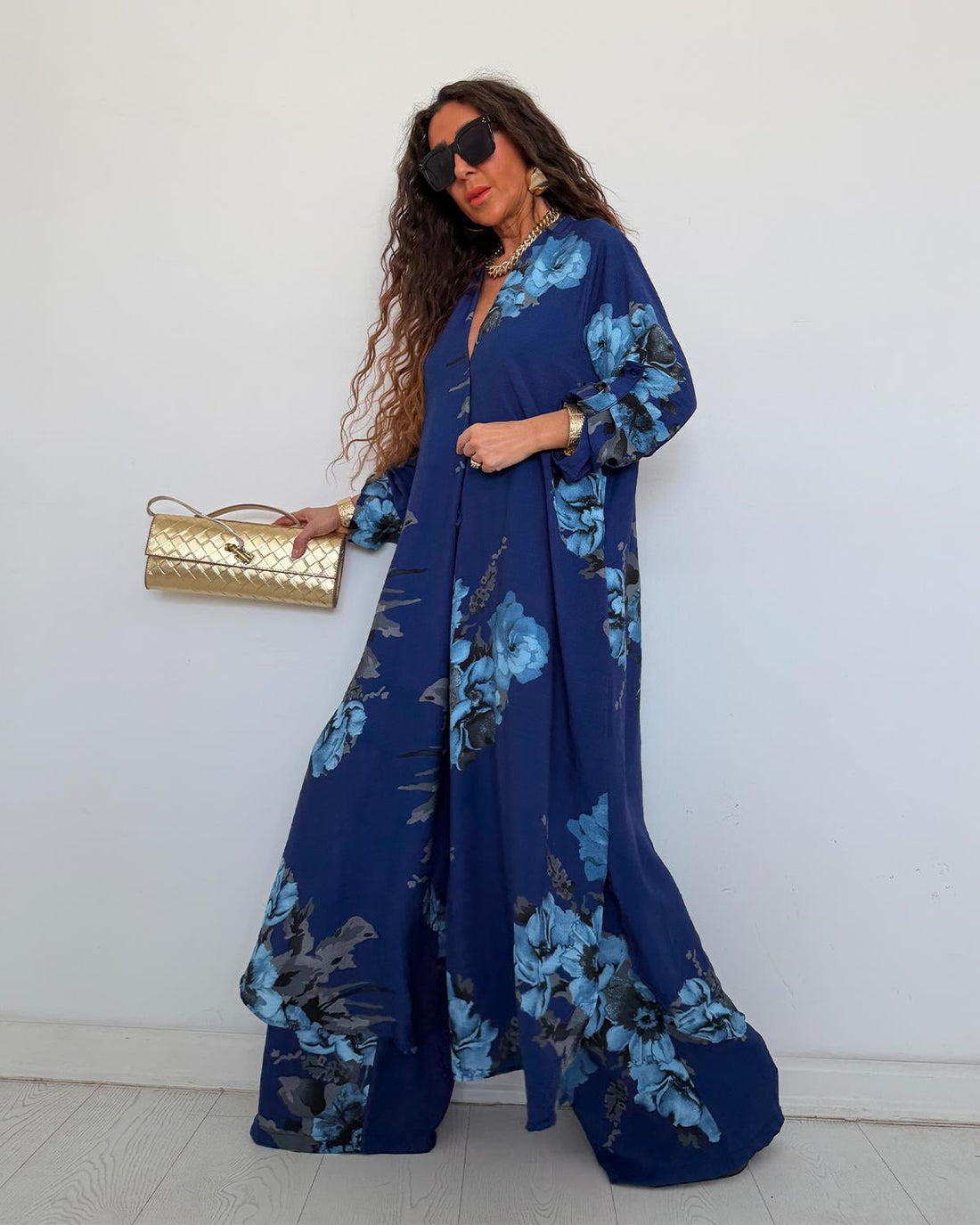 Ensemble chemise longue & pantalon fleuri – Bleu - Fenomen Paris