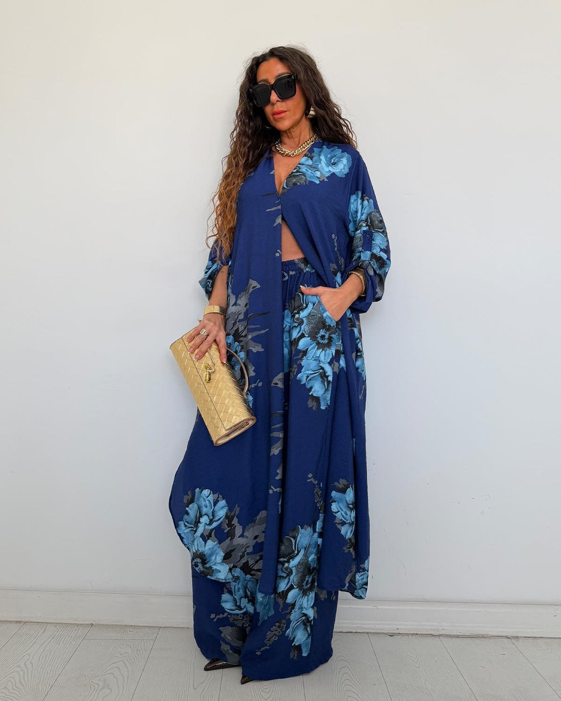 Ensemble chemise longue & pantalon fleuri – Bleu - Fenomen Paris