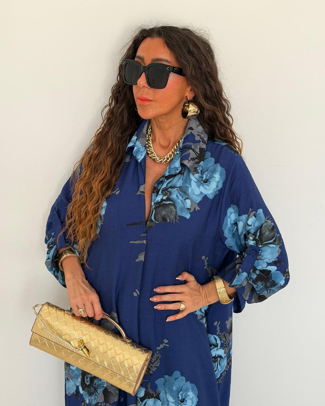 Ensemble chemise longue & pantalon fleuri – Bleu - Fenomen Paris