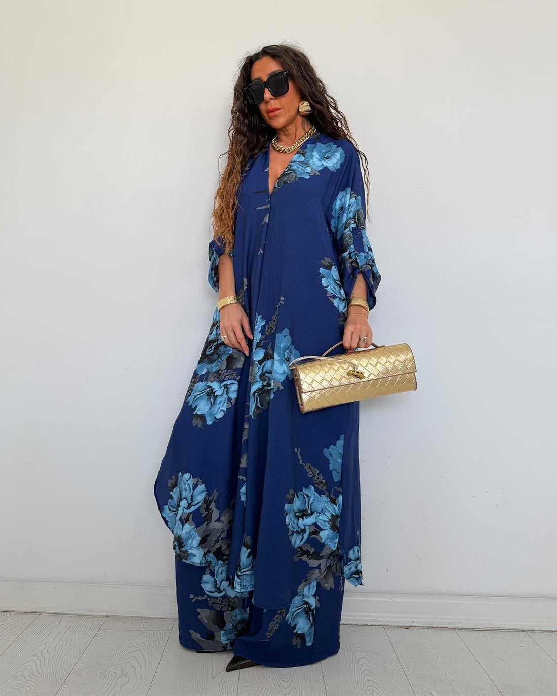 Ensemble chemise longue & pantalon fleuri – Bleu - Fenomen Paris