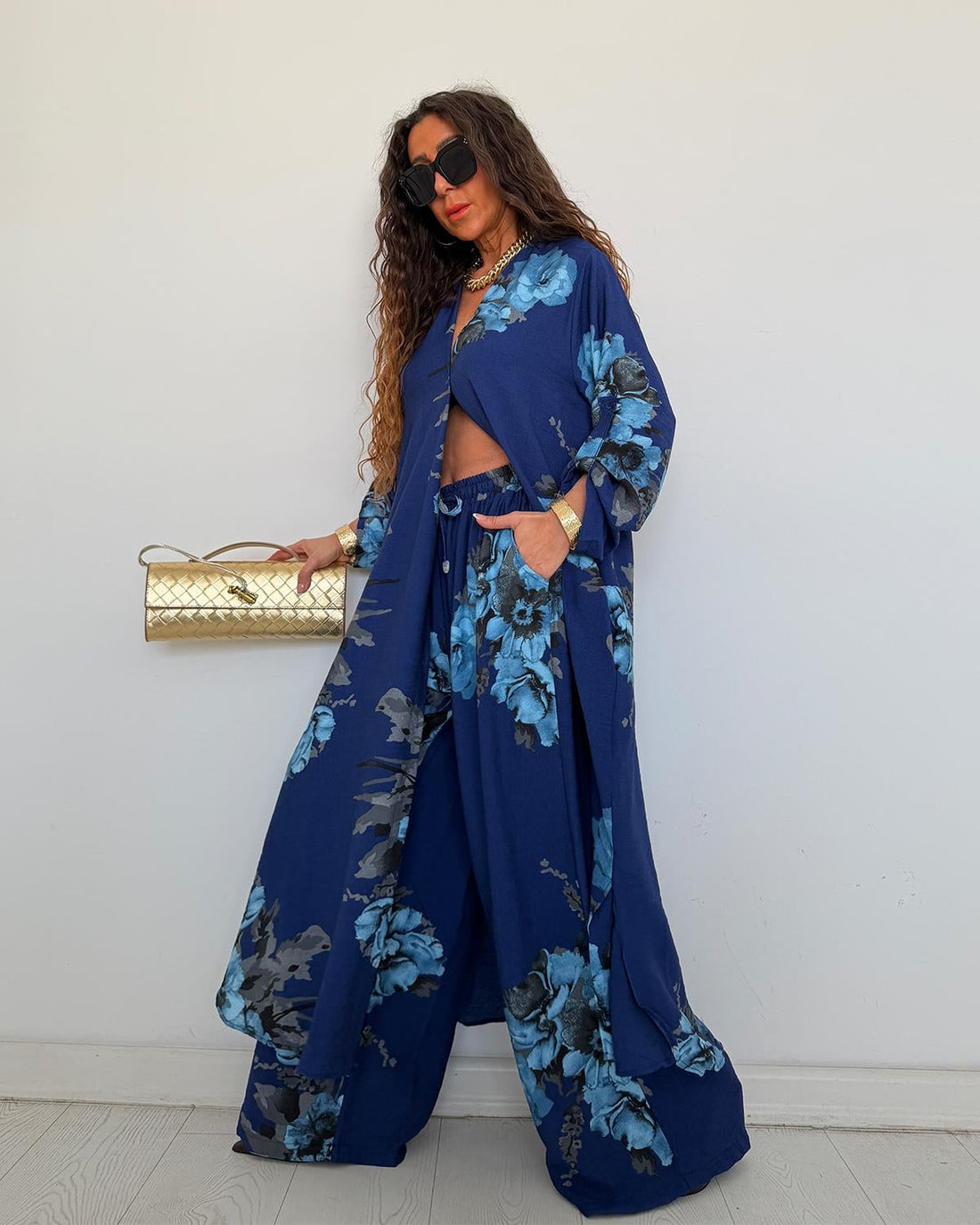 Ensemble chemise longue & pantalon fleuri – Bleu - Fenomen Paris