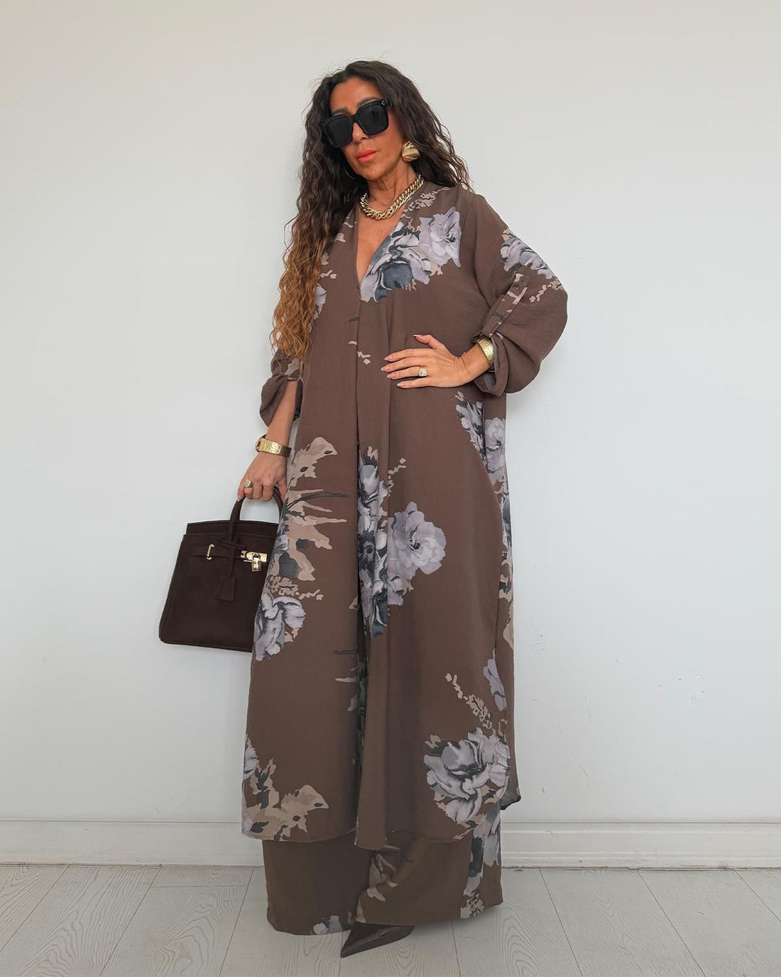 Ensemble chemise longue & pantalon fleuri – Marron - Fenomen Paris