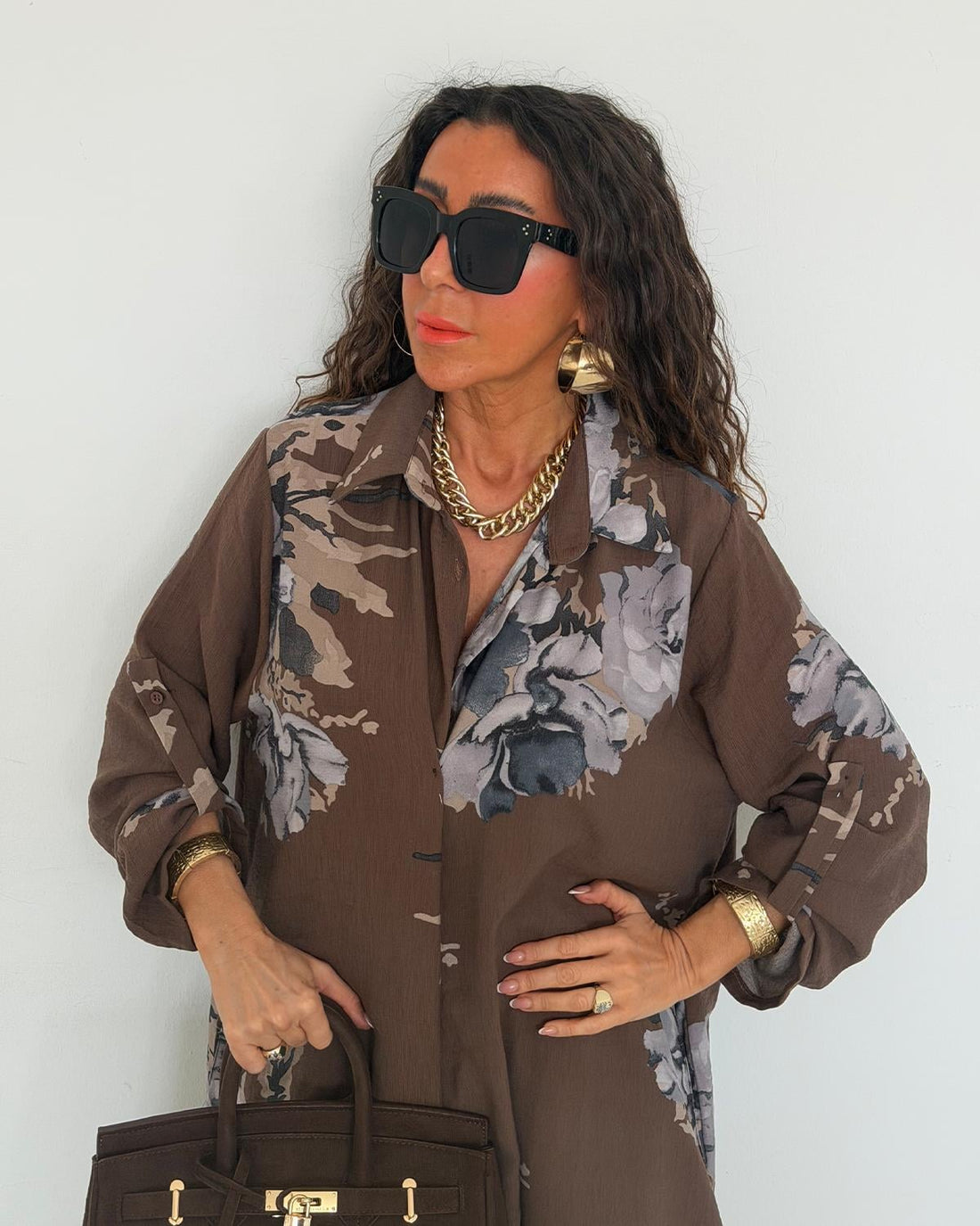 Ensemble chemise longue & pantalon fleuri – Marron - Fenomen Paris