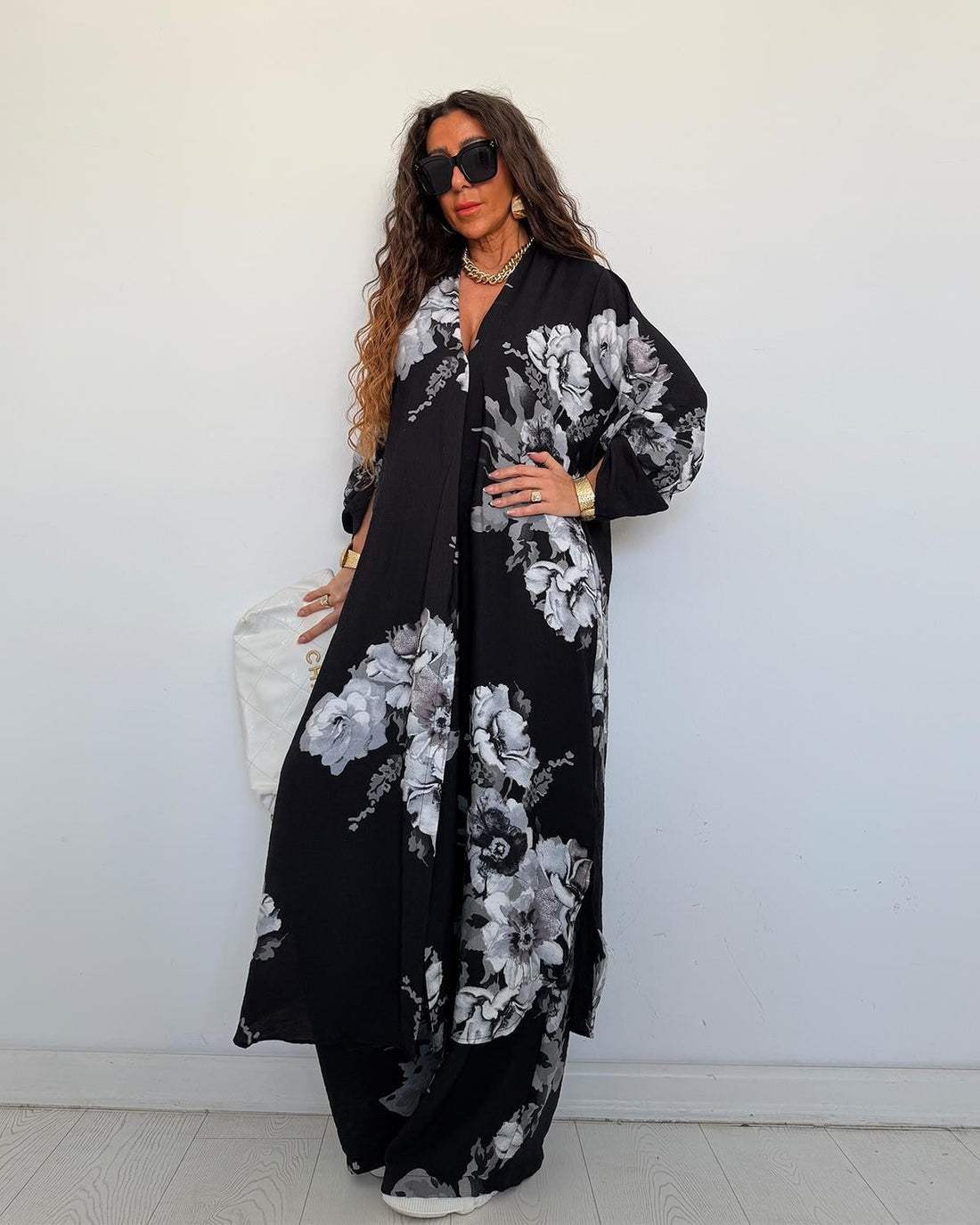 Ensemble chemise longue & pantalon fleuri – Noir - Fenomen Paris
