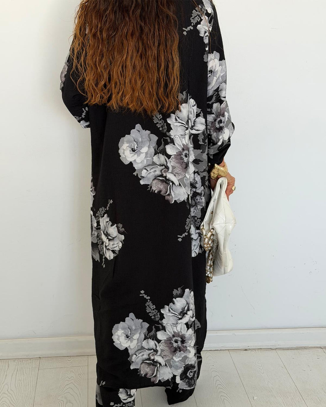 Ensemble chemise longue & pantalon fleuri – Noir - Fenomen Paris