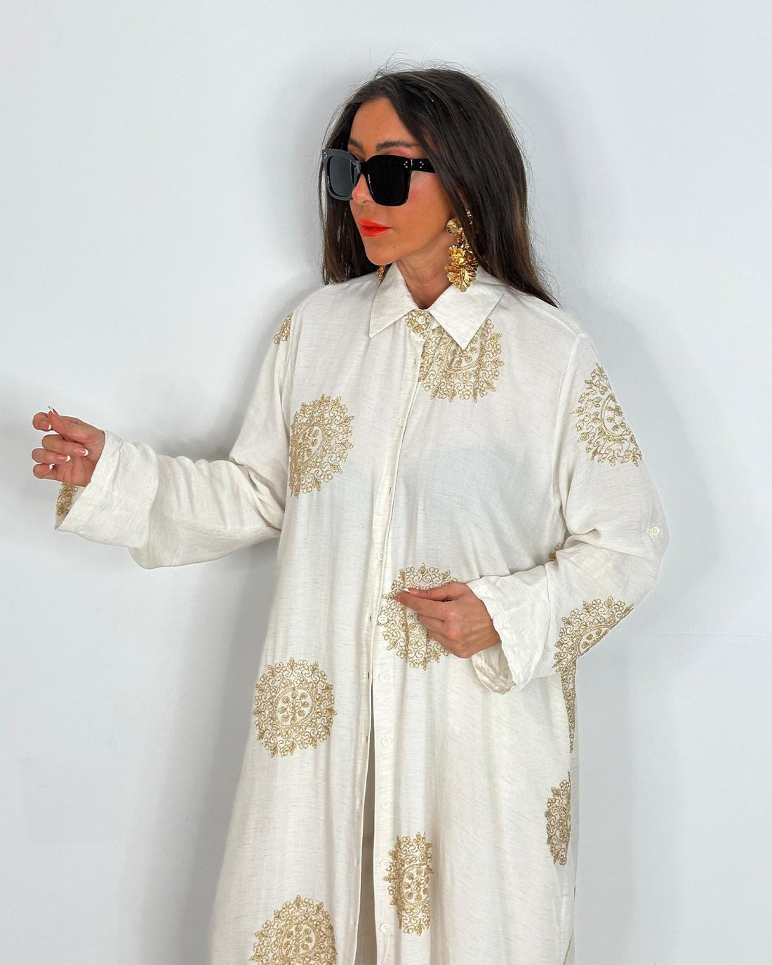 Ensemble chemise longue & pantalon fluide – Écru imprimé doré - Fenomen Paris