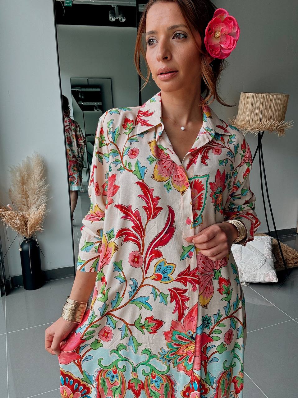 Robe Chemise Bohème Imprimée – Coupe Ample-rose - Fenomen Paris