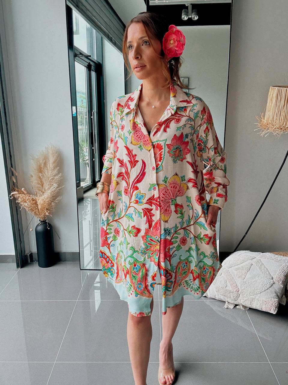 Robe Chemise Bohème Imprimée – Coupe Ample-rose - Fenomen Paris