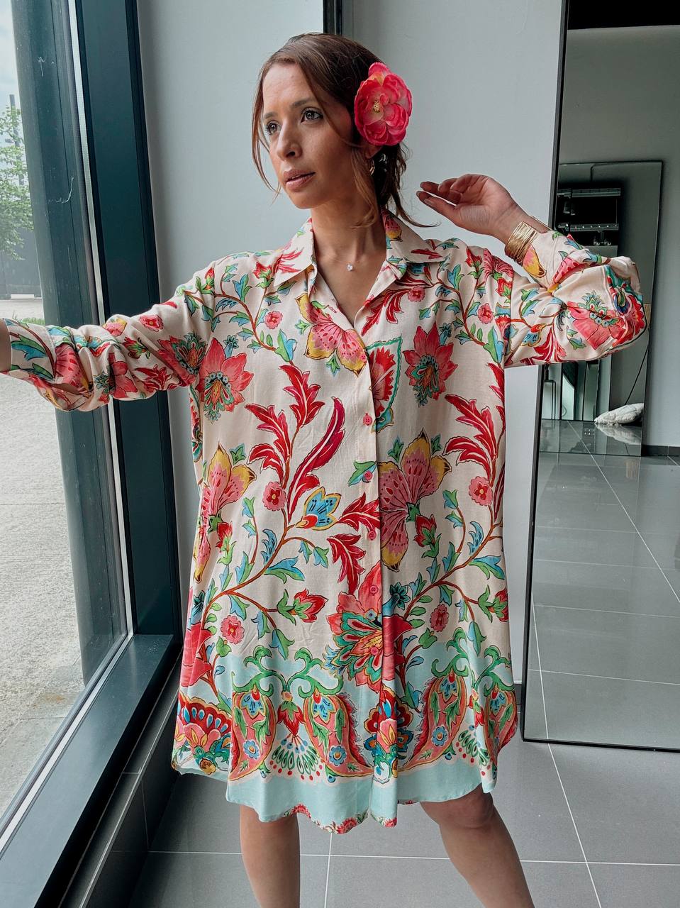 Robe Chemise Bohème Imprimée – Coupe Ample-rose - Fenomen Paris