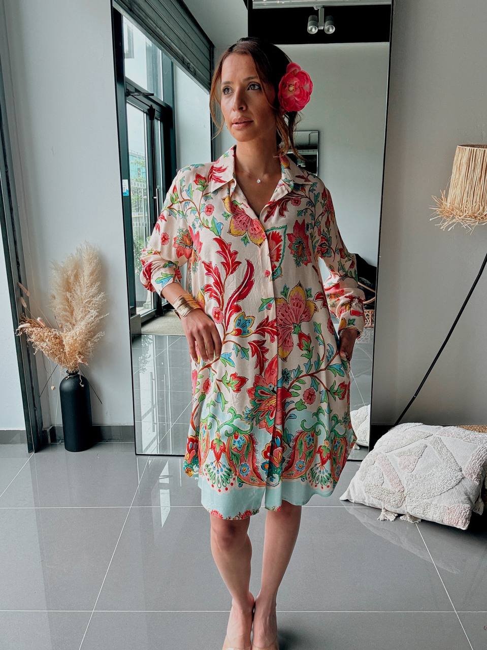 Robe Chemise Bohème Imprimée – Coupe Ample-rose - Fenomen Paris