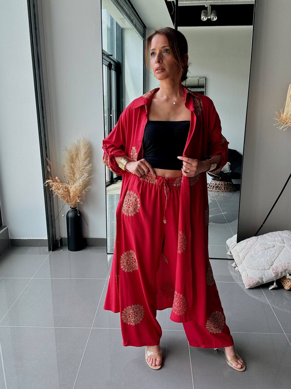 Ensemble Bohème Chic brodé doré – Chemise Longue & Pantalon Fluide - ROUGE - Fenomen Paris