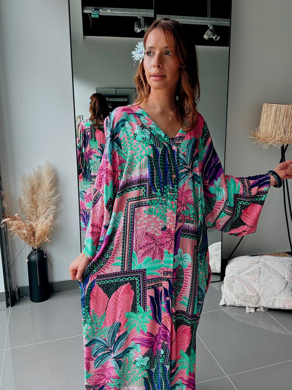 Robe longue oversize imprimé tropical multicolore – Style bohème exotique - Fenomen Paris