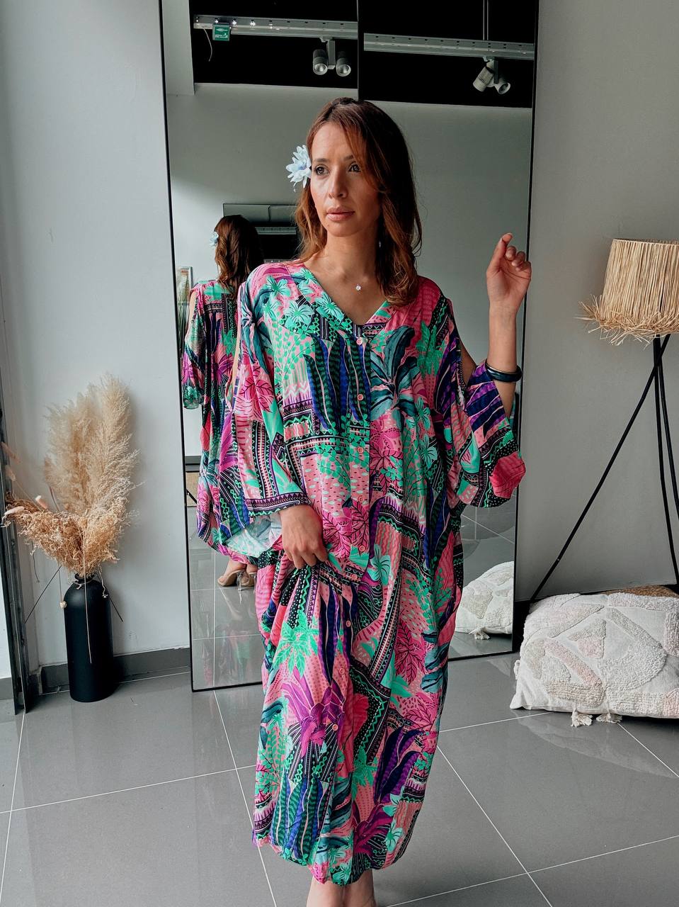 Robe longue oversize imprimé tropical multicolore – Style bohème exotique - Fenomen Paris
