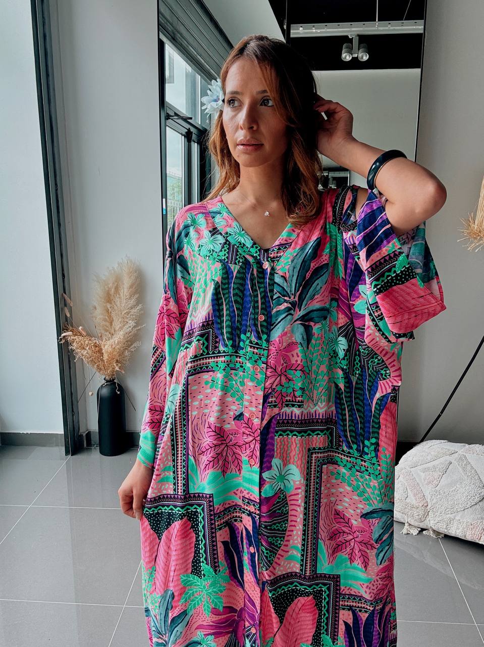Robe longue oversize imprimé tropical multicolore – Style bohème exotique - Fenomen Paris