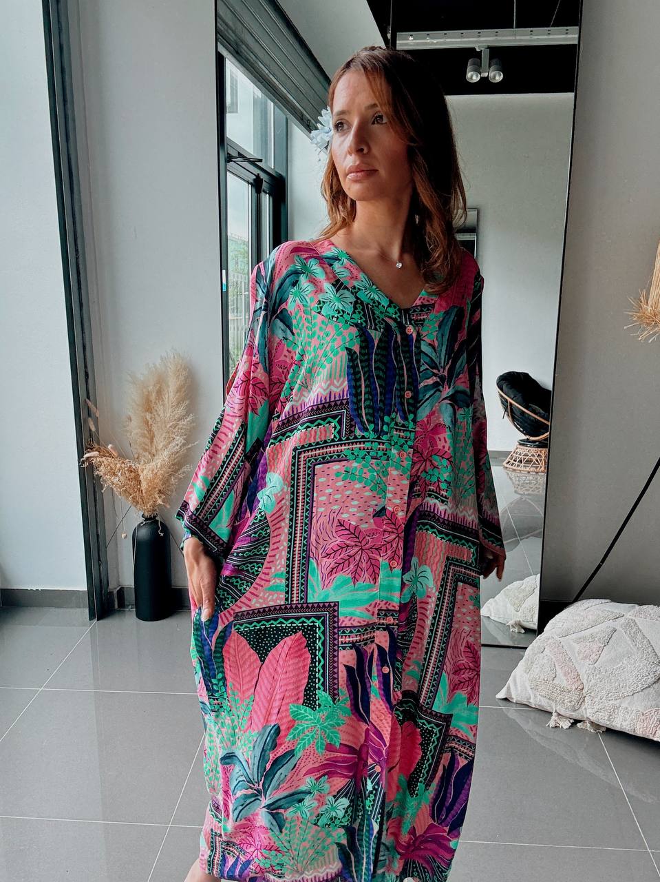Robe longue oversize imprimé tropical multicolore – Style bohème exotique - Fenomen Paris