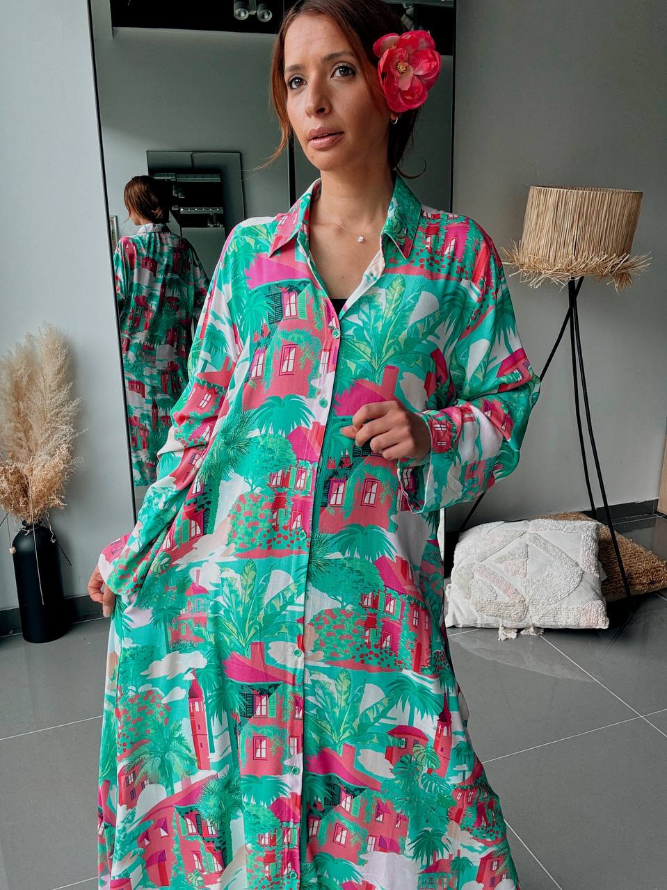 Robe chemise longue imprimé tropical – Élégance colorée & esprit vacances - Fenomen Paris