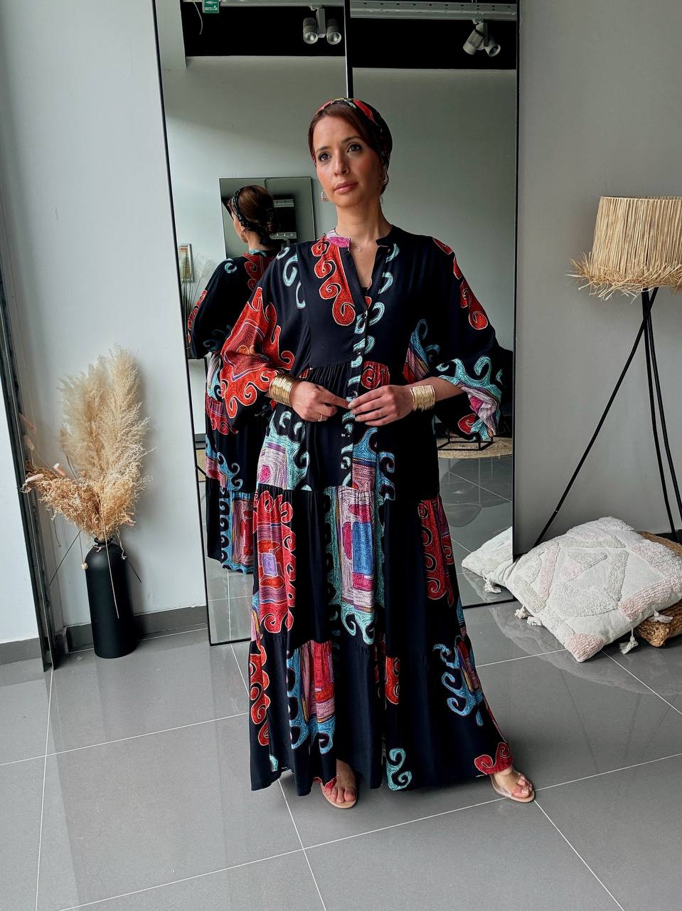 Robe longue bohème imprimée – Coupe fluide Noir - Fenomen Paris