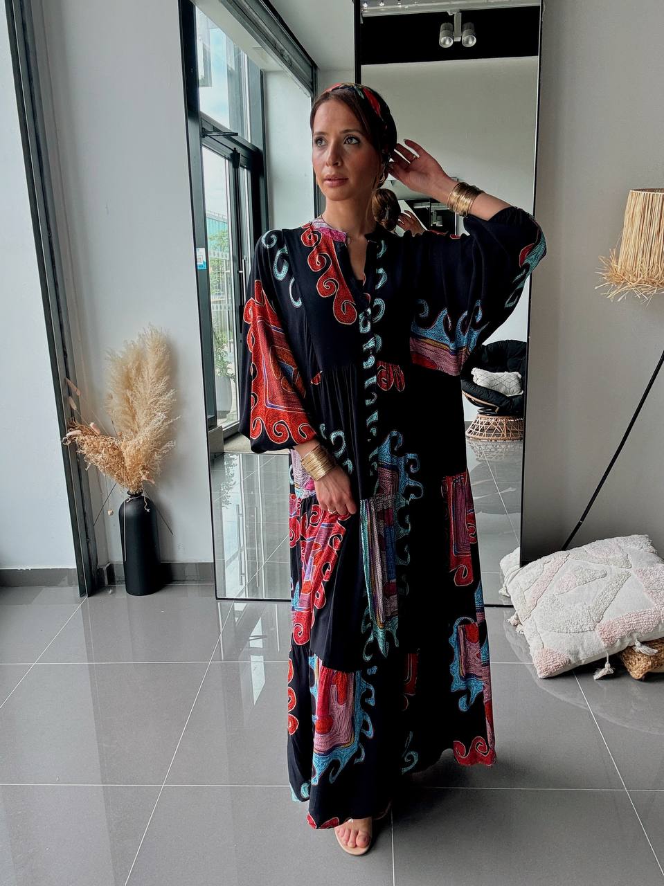 Robe longue bohème imprimée – Coupe fluide Noir - Fenomen Paris