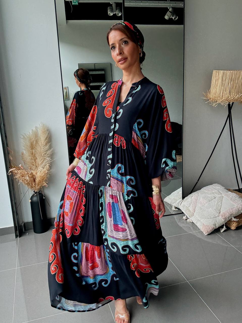 Robe longue bohème imprimée – Coupe fluide Noir - Fenomen Paris
