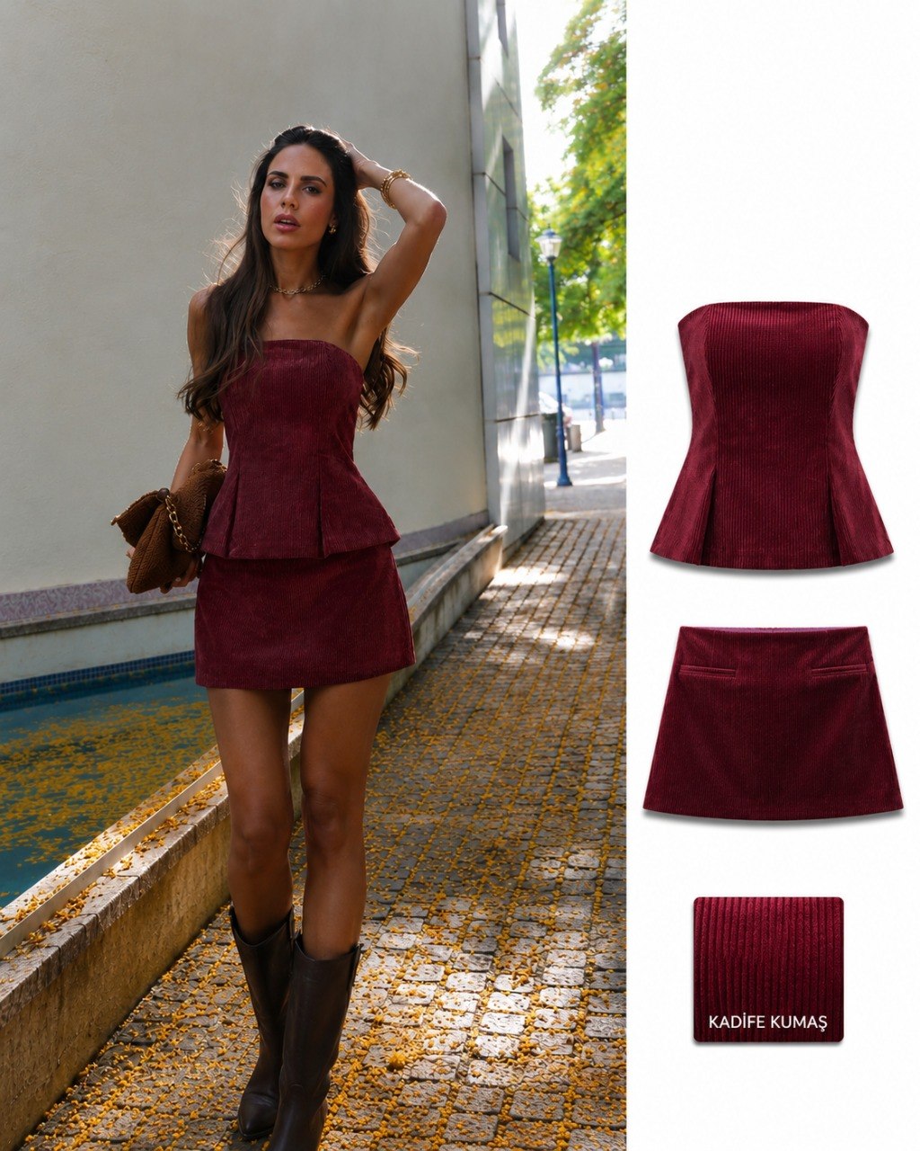 Ensemble Effet Velours Bustier et Mini Jupe Assortie - Fenomen Paris