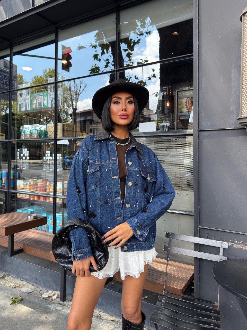 Veste Denim Manches Longues à Sequins Et Strass - Fenomen Paris
