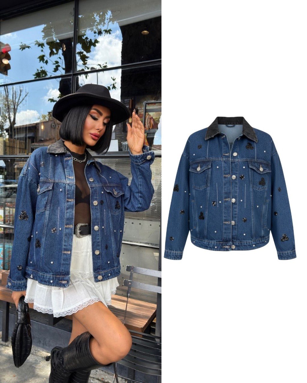 Veste Denim Manches Longues à Sequins Et Strass - Fenomen Paris