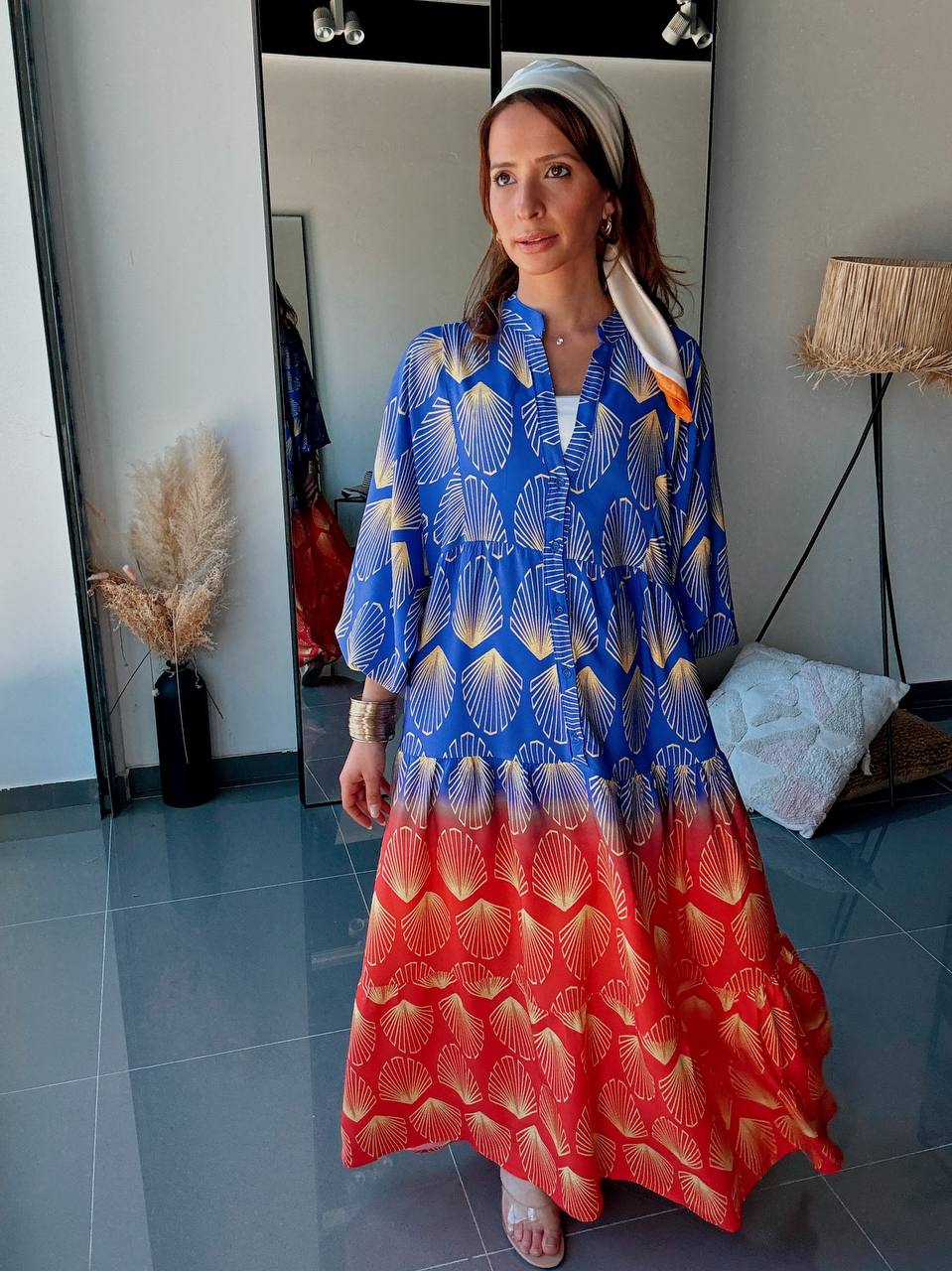 Robe Longue Bohème Imprimé Coquillage Bleu & Corail