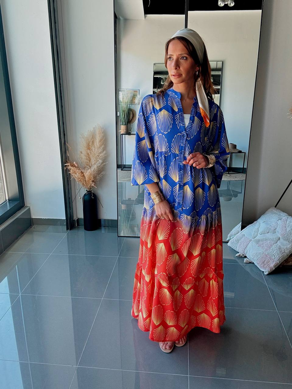 Robe Longue Bohème Imprimé Coquillage Bleu & Corail