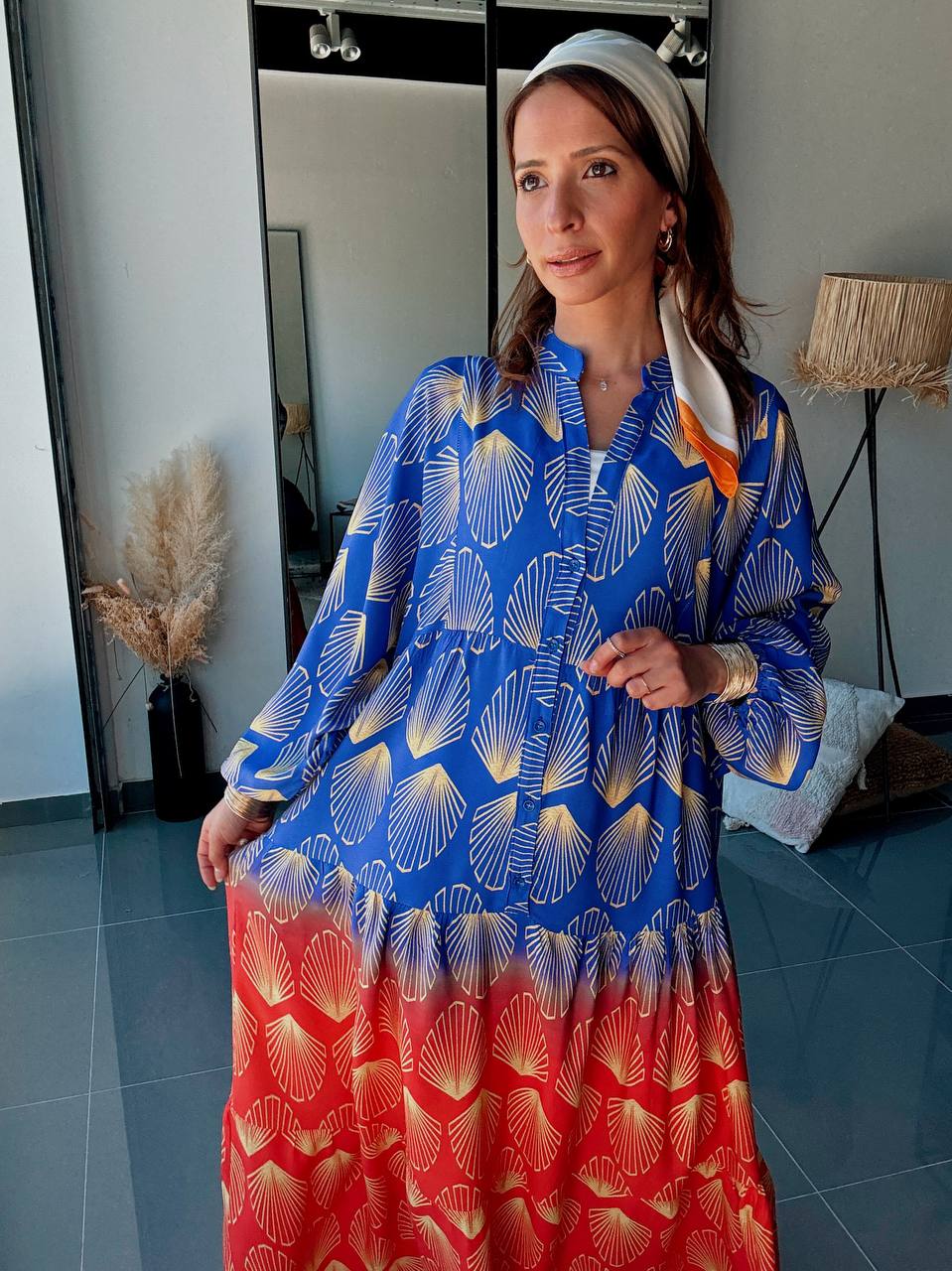 Robe Longue Bohème Imprimé Coquillage Bleu & Corail