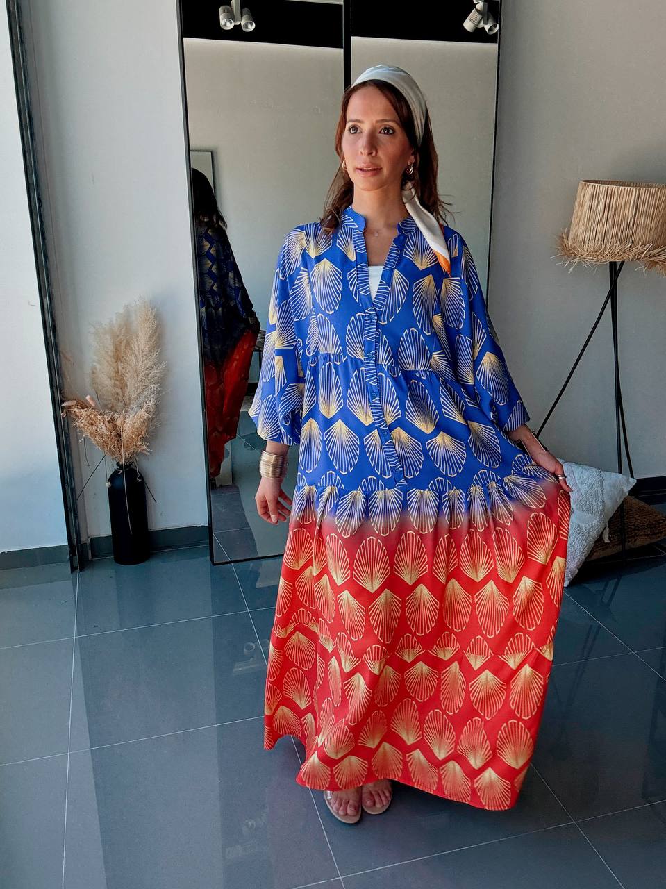 Robe Longue Bohème Imprimé Coquillage Bleu & Corail