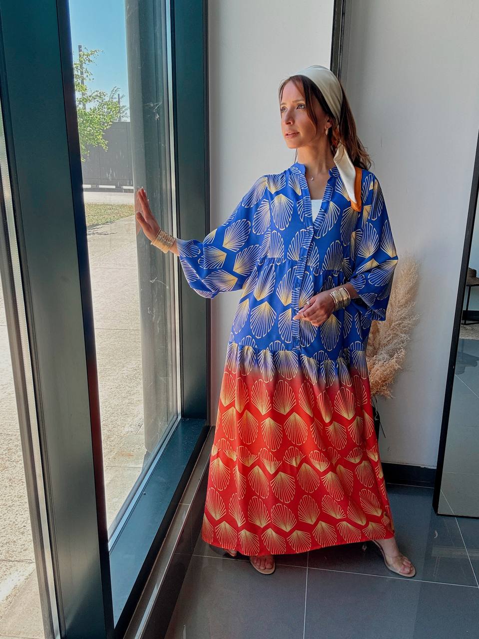 Robe Longue Bohème Imprimé Coquillage Bleu & Corail