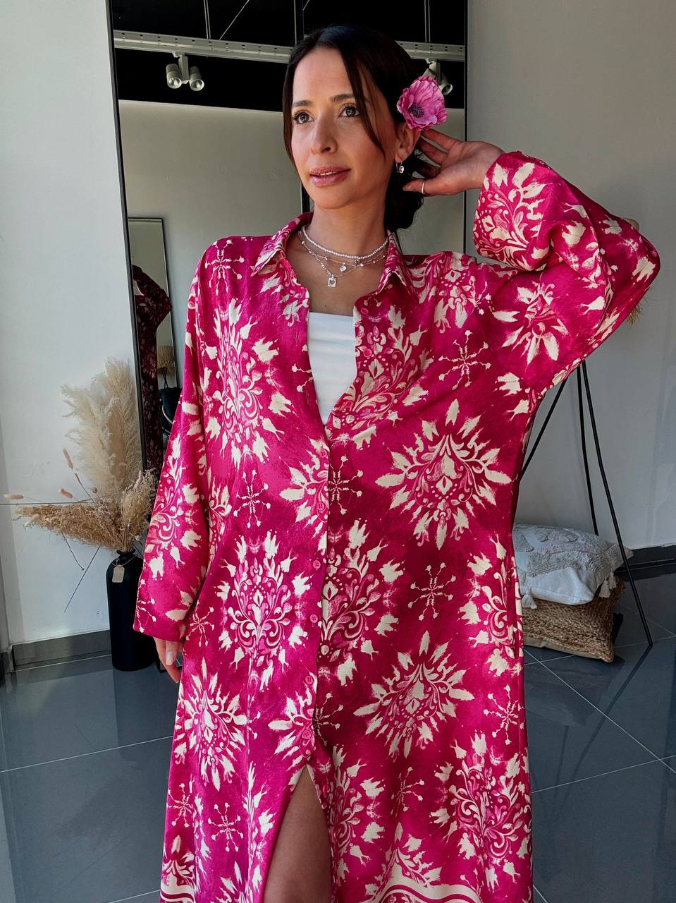 Robe Chemise Longue Fuchsia à Imprimé Ornemental